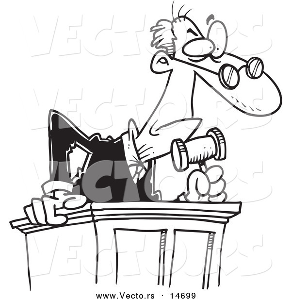 Vector of a Cartoon Judge Leaning over His Desk - Coloring Page Outline