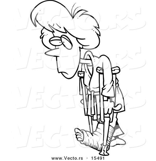 Vector of a Cartoon Judo Woman with Crutches - Coloring Page Outline