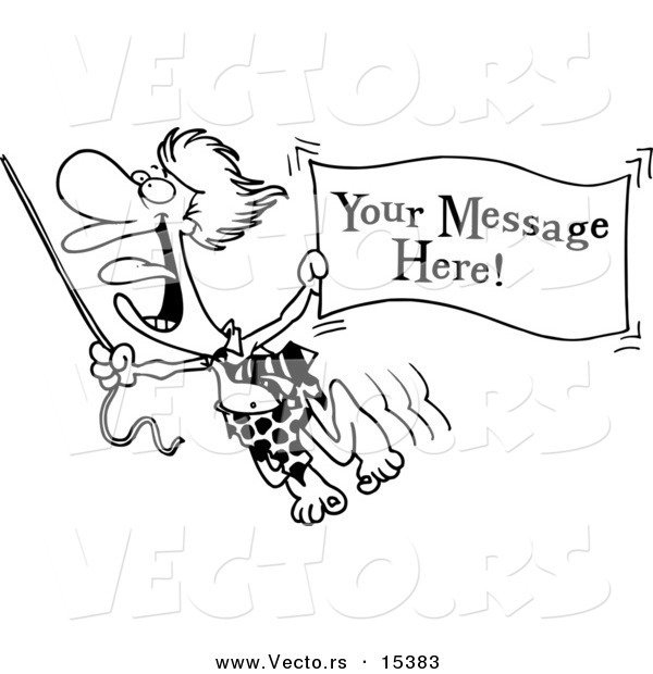 Vector of a Cartoon Jungle Lord Holding out a Sign with Sample Text - Coloring Page Outline