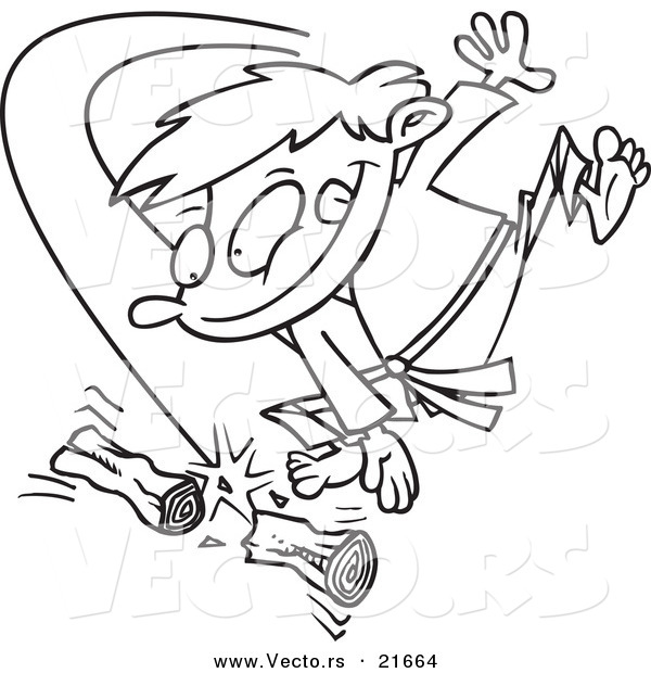 Vector of a Cartoon Karate Boy Chopping Wood - Outlined Coloring Page