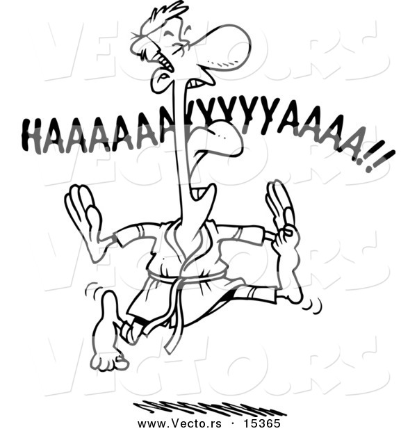 Vector of a Cartoon Karate Man Screaming and Jumping - Coloring Page Outline