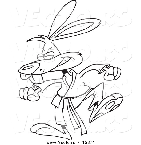Vector of a Cartoon Karate Rabbit Stomping - Coloring Page Outline