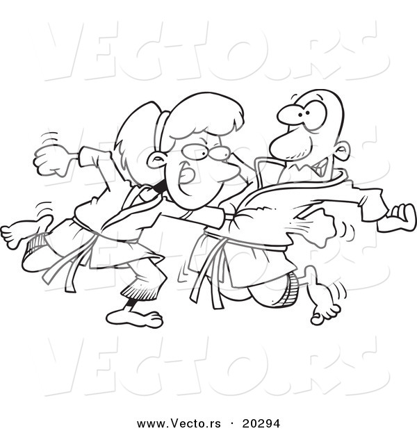 Vector of a Cartoon Karate Woman Punching Her Fist Through a Man's Chest - Coloring Page Outline