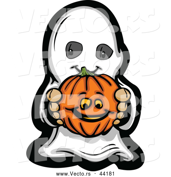 Vector of a Cartoon Kid Ghost Holding a Pumpkin