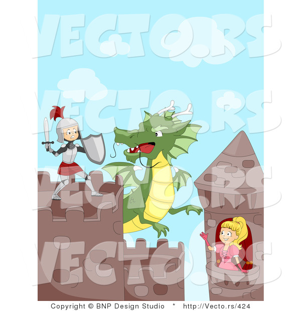 Vector of a Cartoon Knight Fighting Dragon While Princess Watches from Her Tower
