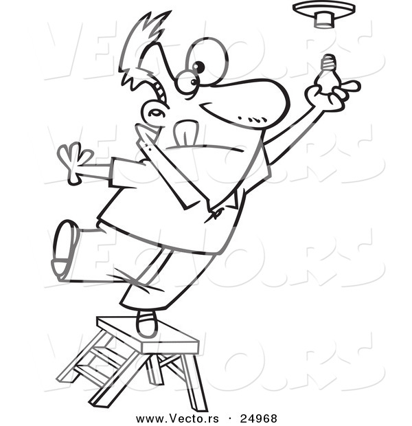 Vector of a Cartoon Ladder and Installing a Light Bulb - Outlined Coloring Page