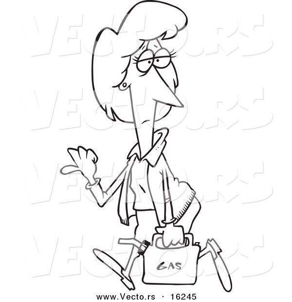 Vector of a Cartoon Lady Hitch Hiking with a Gas Can - Outlined Coloring Page Drawing