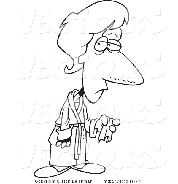 Vector of a Cartoon Lady Sick with the Flu - Line Drawing