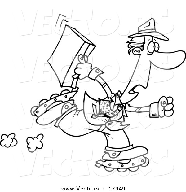 Vector of a Cartoon Late Businessman Roller Blading to Work - Outlined Coloring Page
