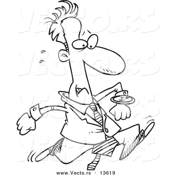 Vector of a Cartoon Late Businessman Running and Glancing at His Watch - Coloring Page Outline