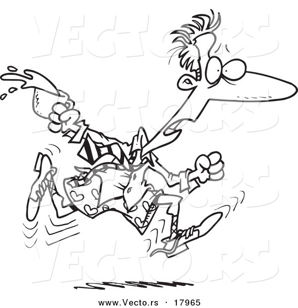 Vector of a Cartoon Late Businessman Spilling Coffee and Running in His Boxers - Outlined Coloring Page