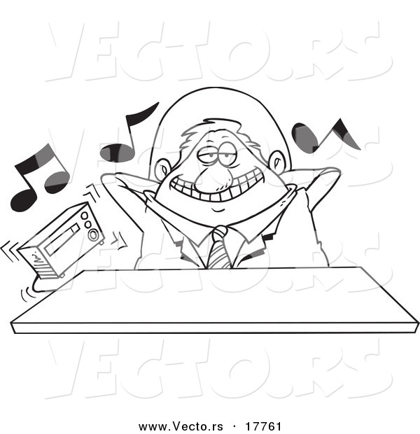 Vector of a Cartoon Lazy Boss Listening to Loud Music - Outlined Coloring Page