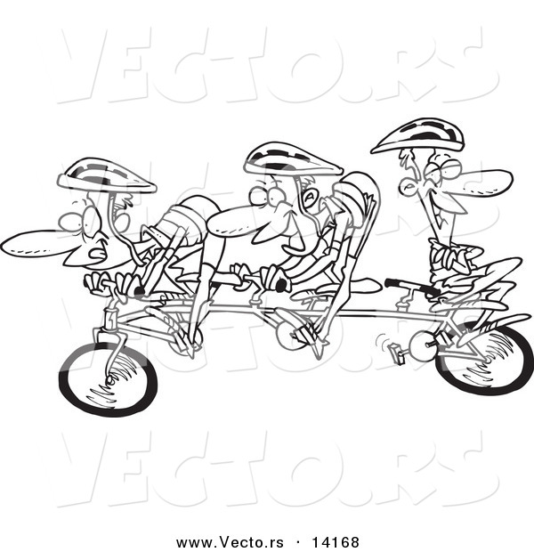 Vector of a Cartoon Lazy Man Relaxing on a Tandem Bike While His Partners Cycle - Coloring Page Outline