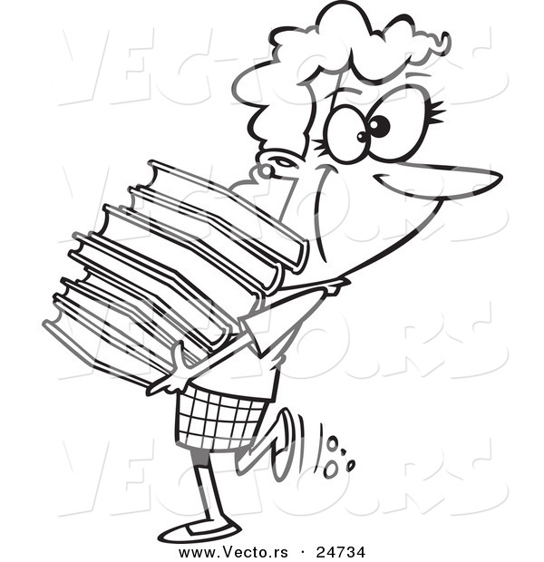 Vector of a Cartoon Librarian or Heavy Reader Carrying a Large Stack of Books - Outlined Coloring Page