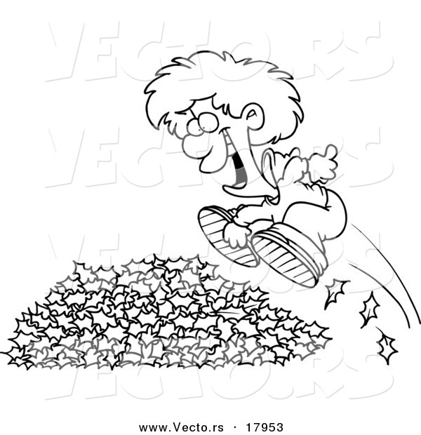 Vector of a Cartoon Little Boy Jumping in Leaves - Outlined Coloring Page