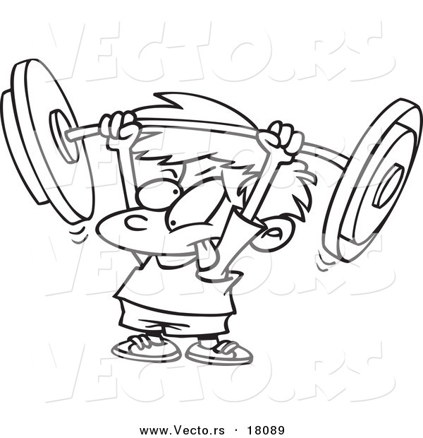 Vector of a Cartoon Little Boy Lifting a Barbell - Outlined Coloring Page