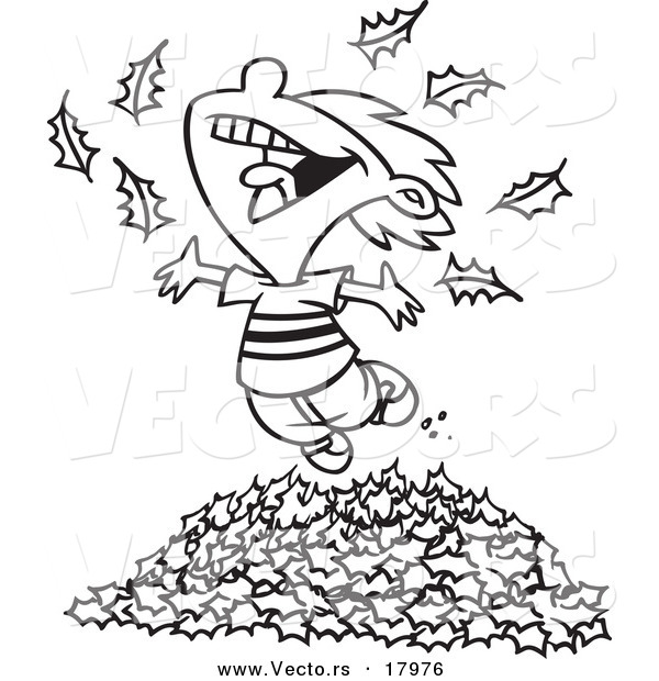 Vector of a Cartoon Little Boy Playing in Leaves - Outlined Coloring Page