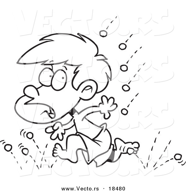 Vector of a Cartoon Little Boy Running from Hail - Outlined Coloring Page