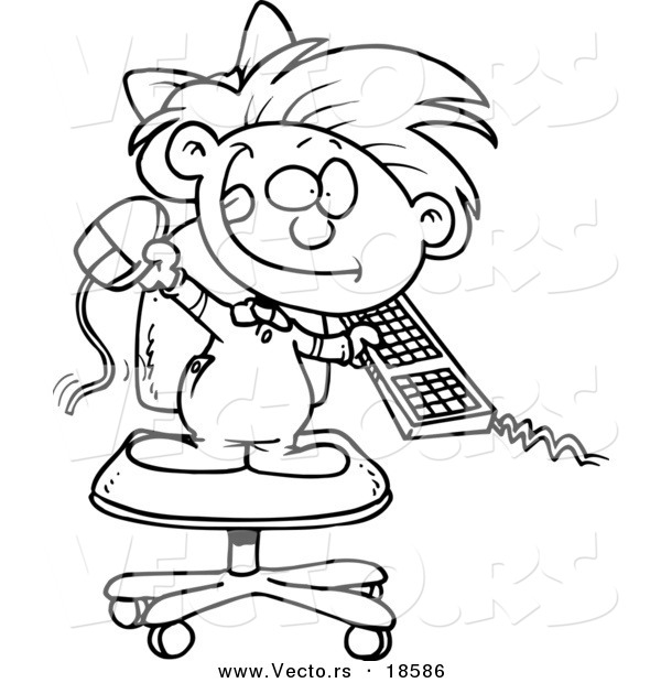 Vector of a Cartoon Little Girl Attacking a Computer - Outlined Coloring Page