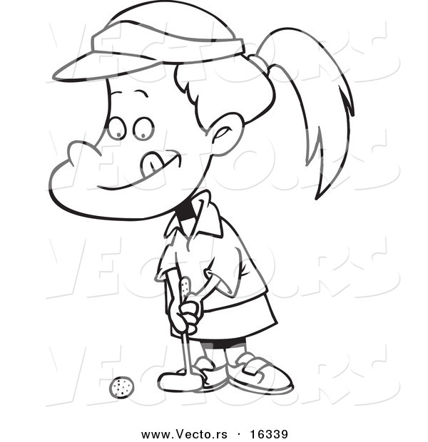 Vector of a Cartoon Little Girl Golfing - Outlined Coloring Page Drawing