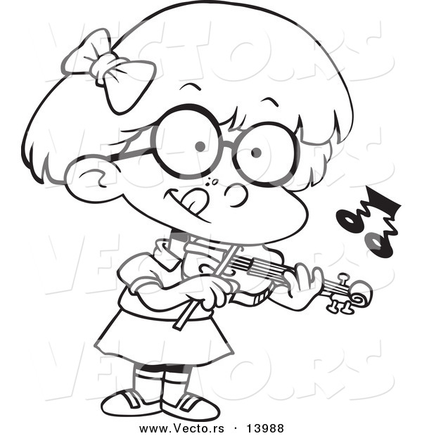 Vector of a Cartoon Little Girl Standing and Playing a Violin - Coloring Page Outline