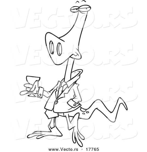 Vector of a Cartoon Lizard Carrying a Glass of Wine - Outlined Coloring Page