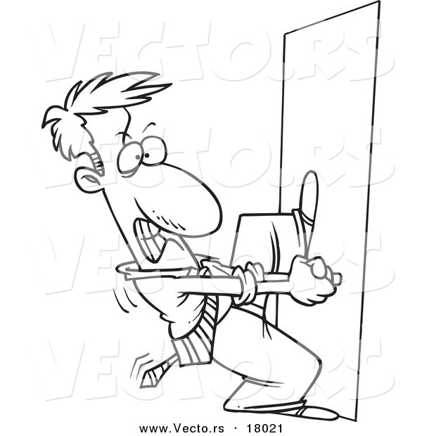 Vector of a Cartoon Locked out Businessman Trying to Open a Door - Outlined Coloring Page