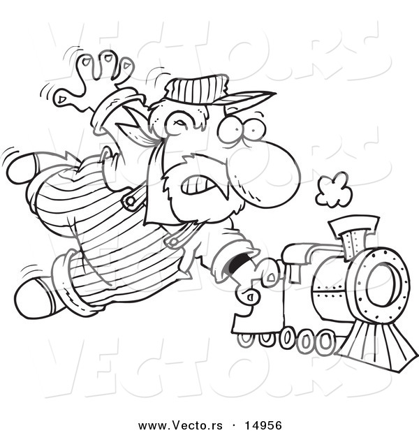 Vector of a Cartoon Locomotive Engineer Holding onto a Fast Steam Train - Coloring Page Outline