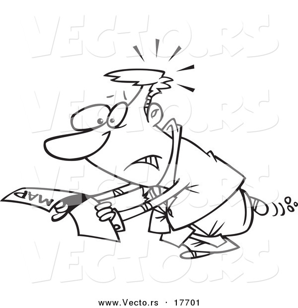 Vector of a Cartoon Lost Businessman Reading a Map - Coloring Page Outline