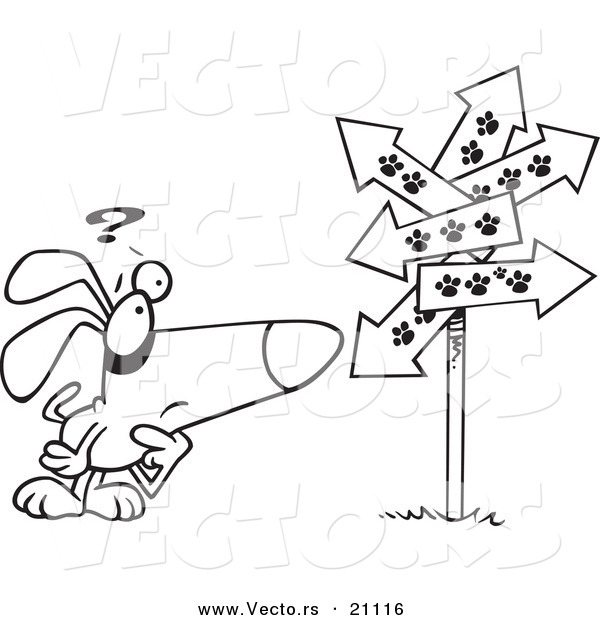 Vector of a Cartoon Lost Dog Staring at Paw Print Signs - Coloring Page Outline