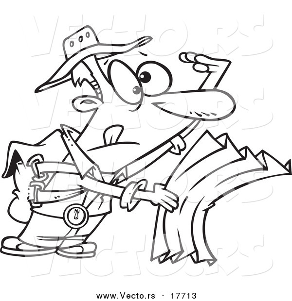 Vector of a Cartoon Lost Hiker Using a Map - Coloring Page Outline