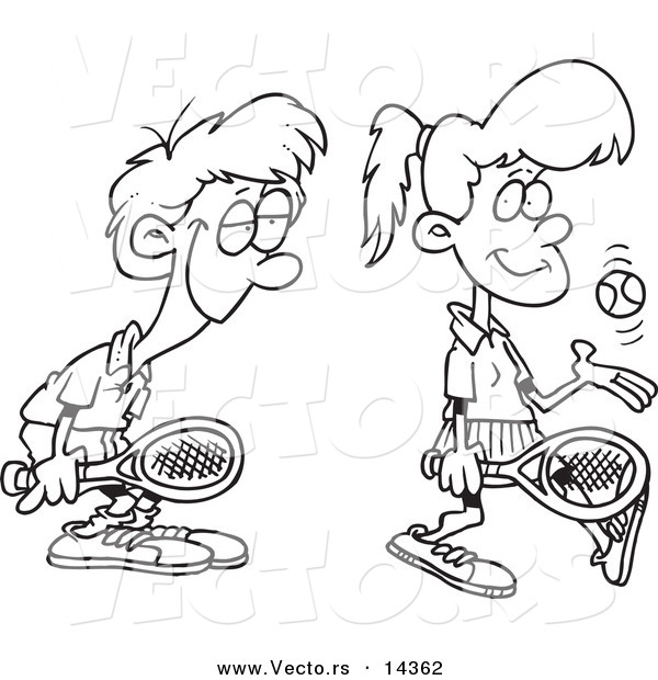 Vector of a Cartoon Love Struck Boy Following Around a Female Tennis Player - Coloring Page Outline