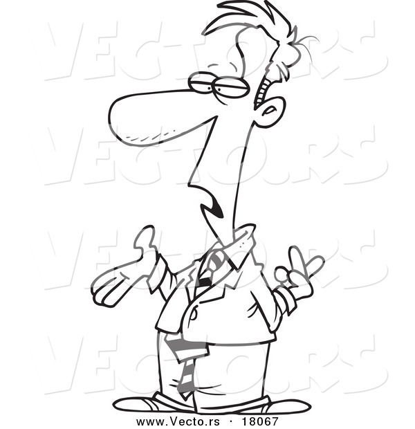 Vector of a Cartoon Lying Businessman Crossing His Fingers - Outlined Coloring Page