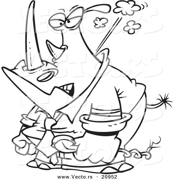 Vector of a Cartoon Mad Business Rhino Blowing His Collar - Coloring Page Outline