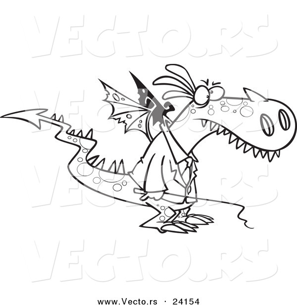 Vector of a Cartoon Mad Dragon Boss Holding a Whip - Coloring Page Outline