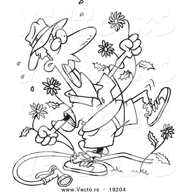 Vector of a Cartoon Mad Man Pulling Dandelions - Outlined Coloring Page
