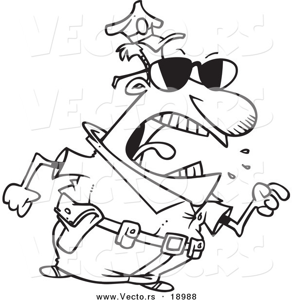 Vector of a Cartoon Mad Police Man Pointing His Finger - Outlined Coloring Page