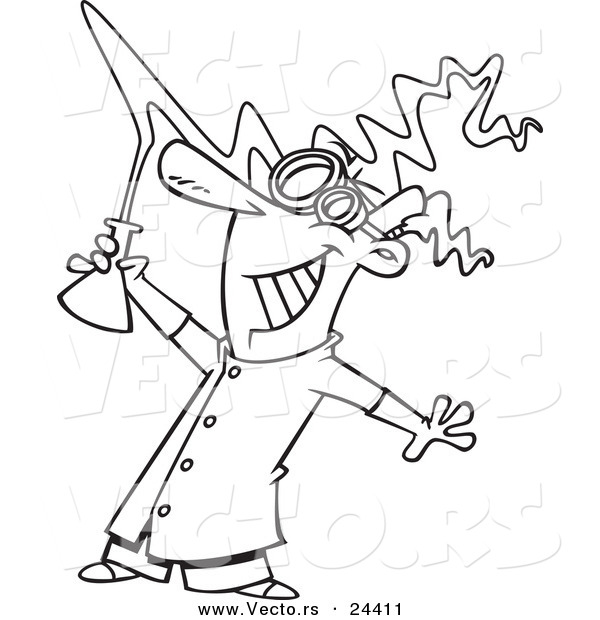 Vector of a Cartoon Mad Scientist Holding a Beaker - Outlined Coloring Page