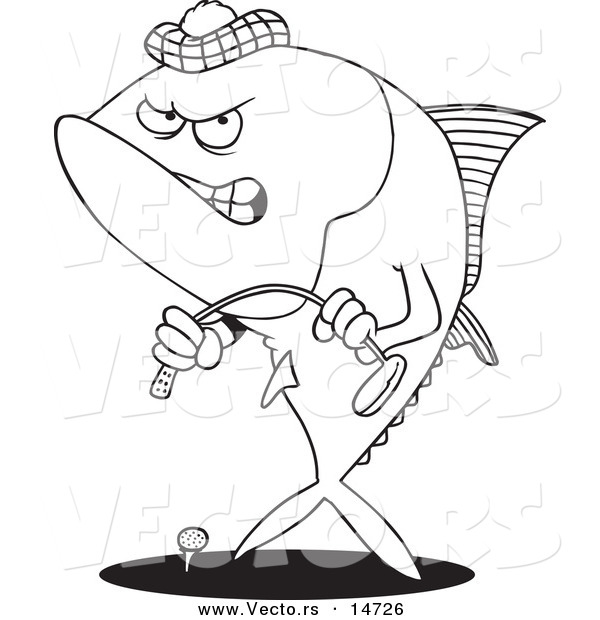 Vector of a Cartoon Mad Tuna Fish Playing Golf - Coloring Page Outline