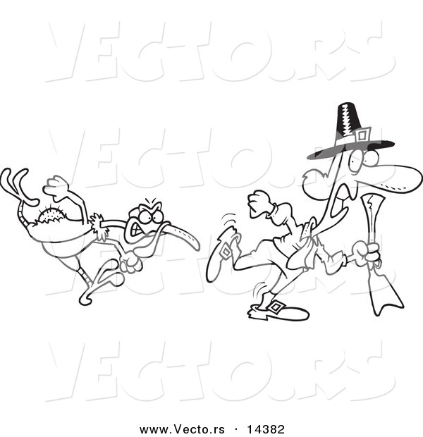 Vector of a Cartoon Mad Turkey Bird Chasing a Pilgrim - Coloring Page Outline