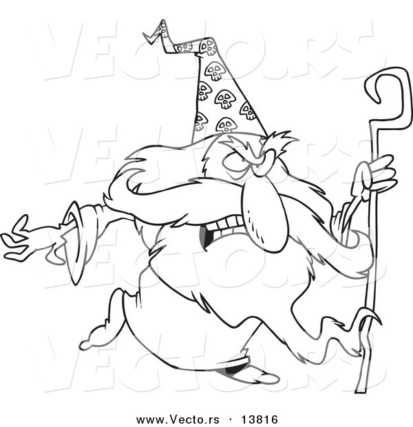 Vector of a Cartoon Mad Wizard with a Cane - Coloring Page Outline