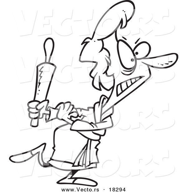 Vector of a Cartoon Mad Woman Carrying a Rolling Pin - Outlined Coloring Page