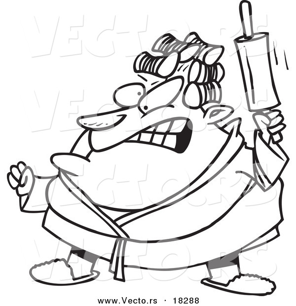 Vector of a Cartoon Mad Woman Waving a Rolling Pin - Outlined Coloring Page