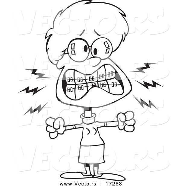 Vector of a Cartoon Mad Woman with Braces - Coloring Page Outline