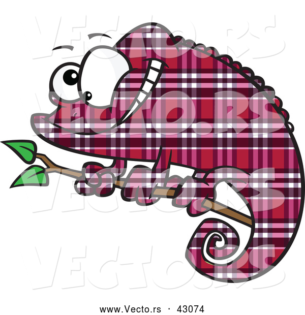 Vector of a Cartoon Magenta Plaid Chameleon Lizard Smiling on a Branch