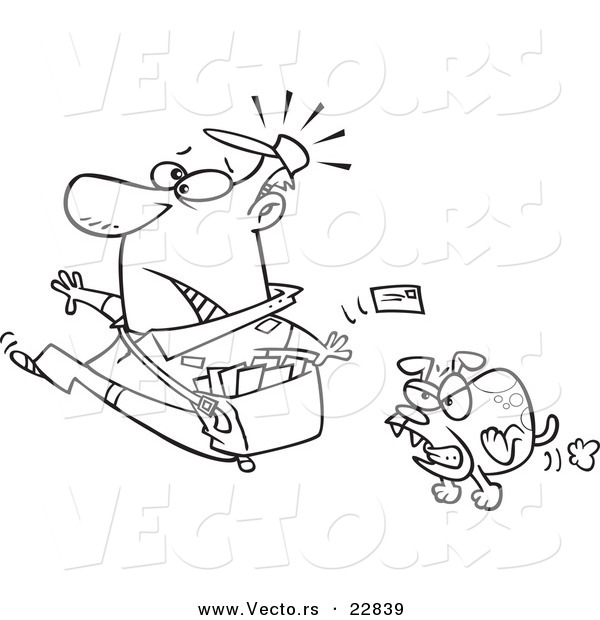 Vector of a Cartoon Mail Man Running from a Dog - Coloring Page Outline