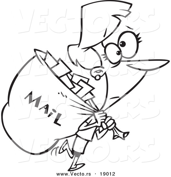 Vector of a Cartoon Mail Woman Carrying a Big Bag - Outlined Coloring Page