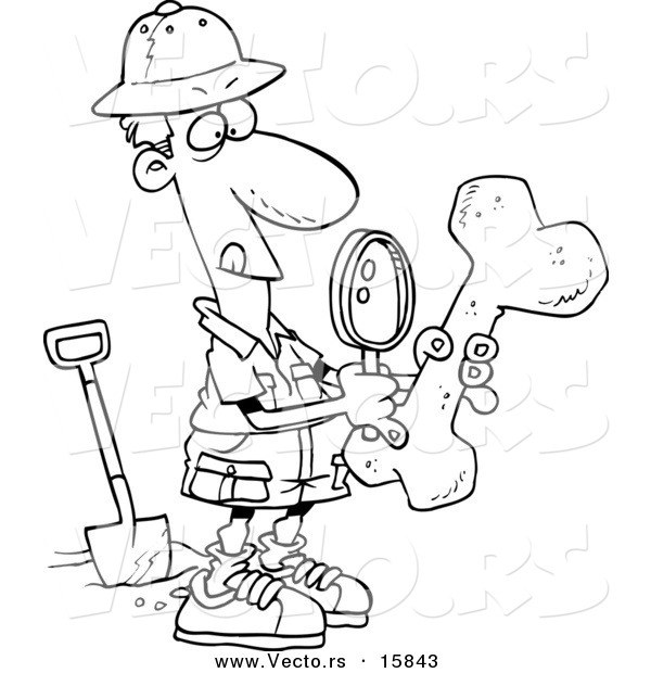 Vector of a Cartoon Male Archaeologist Inspecting a Bone - Outlined Coloring Page Drawing