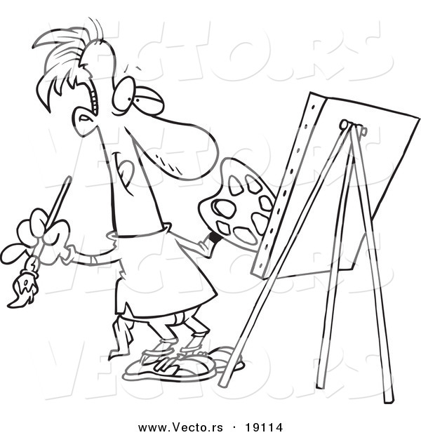 Vector of a Cartoon Male Artist Painting His Masterpiece - Outlined Coloring Page