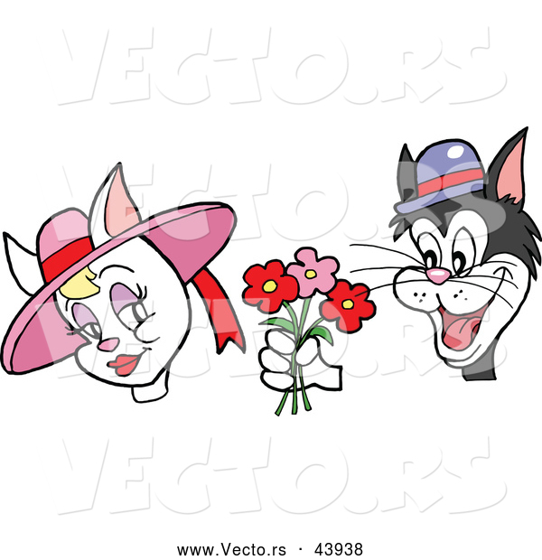 Vector of a Cartoon Male Cat Giving Flowers to a Pretty Female Cat